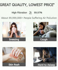 Image showing effects of air pollution: sneezing, cough, skin rash, and difficulty sleeping, related to air purifier benefits.