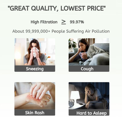 Image showing effects of air pollution: sneezing, cough, skin rash, and difficulty sleeping, related to air purifier benefits.