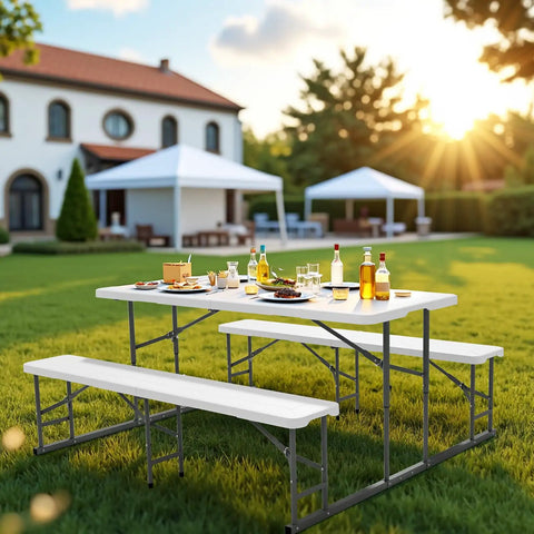 Folding Picnic Table And Bench Set With Wood Grain Plastic Top And Sturdy Metal Frame in a backyard setup, outdoor dining gear
