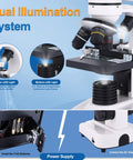 Close-up of 40X to 2500X binocular microscope showing dual LED lights, mechanical stage, and power supply options.