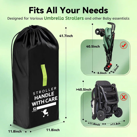 Umbrella Stroller Travel Bag Shield For Airplane Travel showing large black carry bag next to folded strollers dimensions.