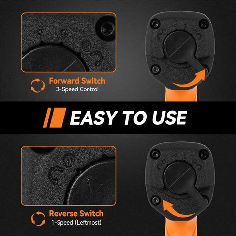 Close-up of forward and reverse switches on the Badass Half Inch Air Impact Wrench for speed control settings.