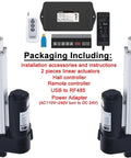 2 Piece Set 24V Linear Actuators With Hall Switch Controller kit including actuators, hall controller, remote, and power adapter.