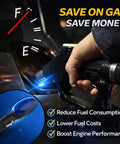 Hand holding gas pump with overlay of 2026 Upgraded Fuel Saver Device For Cars, Smart Gas Economizer with Voltage Stabilizer shown