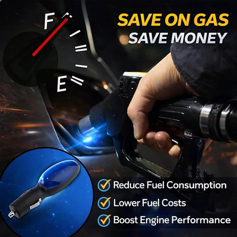 Hand holding gas pump with overlay of 2026 Upgraded Fuel Saver Device For Cars, Smart Gas Economizer with Voltage Stabilizer shown