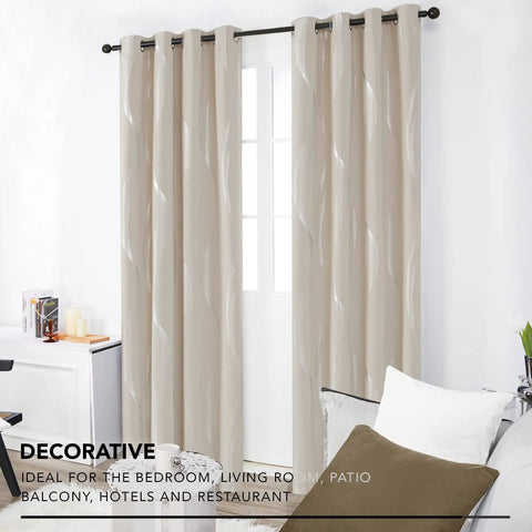 Silver Wave Print Blackout Curtains That Keep It Dark And Quiet With Thermal Insulation And Noise Reduction For Bedroom And Living Room, OEKO-TEX Certified, Light Beige, 52W X 84L, 2 Panels installed in a bedroom