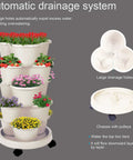5-Tier Vertical Garden Tower Stackable Planter for strawberries, flowers, and herbs in beige with drainage system and wheels.