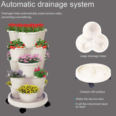 5-Tier Vertical Garden Tower Stackable Planter for strawberries, flowers, and herbs in beige with drainage system and wheels.