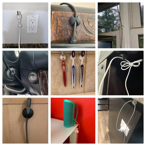 16 Pack White Self Adhesive Cable Clips For Desk And Nightstand Cable Management organized in various settings