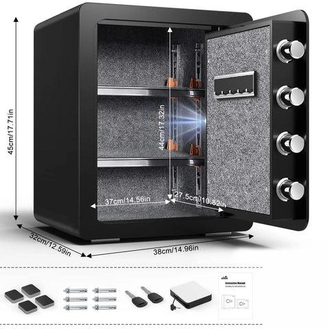 Compact Fireproof Safe Box For Home Use 0.8 Cu Ft with waterproof build, touch screen keypad, LED light, removable shelf.
