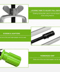 Close-up of steering wheel lock plate remover tool showcasing locking tabs, screws, and rubberized grip with green handle.