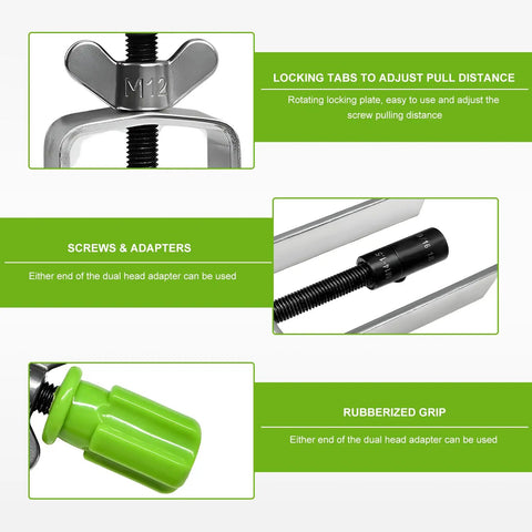 Close-up of steering wheel lock plate remover tool showcasing locking tabs, screws, and rubberized grip with green handle.