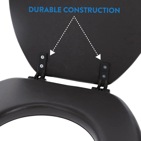 Ultra Plush Cushioned Toilet Seat With Soft Vinyl Comfort, Black Finish, Elongated Toilet Compatible, hinge detail