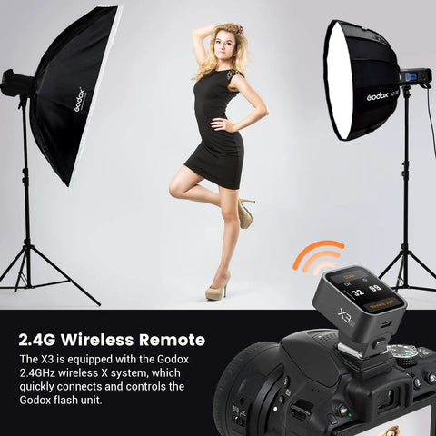 Model posing with softbox lighting setups, X3S Wireless Flash Trigger For Sony Cameras With 2.4G X System in foreground