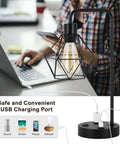 Industrial Black USB Table Lamp With Bulb Included, Modern Farmhouse Bedside Desk Light for Bedroom Office, metal cage shade