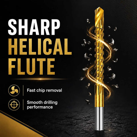 Slay Your Drilling Game With This 6-Piece Titanium HSS Bit Set Featuring Serrated Twist Design For Rapid Chip Removal And Split Point Precision On Metal And Wood Projects Perfect For Hand Tools. Gold serrated twist drill bit with fast chip removal