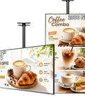 49 Inch Ultra Bright Ceiling Mount Commercial Digital Signage Board With Kickass 2000 Nits Brightness showcasing coffee products and combos.