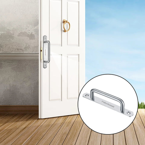2 Pack Barn Door Handles Set in Stainless Steel mounted on a white door, sliding pull handles with plates, 160mm, silver.