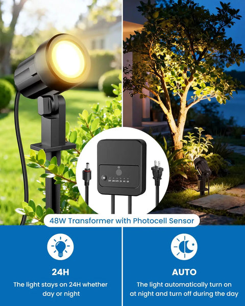 Low Voltage Landscape Lighting Kit with 12 LED Spotlights, 100 ft Wire, Transformer and 24 Connectors illuminating garden area