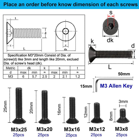 Diagram and size chart of 125 Piece Grade Ten Point Nine Alloy Steel Flat Head Hex Socket Cap Screws Set M3 X 8 12 16 20 25 MM With Allen Key Black Oxide Finish Fully Threaded For Heavy Duty Projects, showing dimensions and included Allen key.