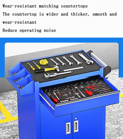 Rolling Tool Cabinet Cart With Wheels And Handle 2 Drawers And 2 Doors Heavy Duty Workshop Storage Chest In Blue Style 2 Perfect For Home Garage Mobile Storage And DIY Projects, blue countertop and open tool drawers
