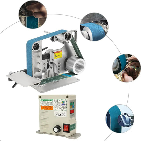 Premium Variable Speed Belt Grinder For Heavy Duty Metalworking, Badass 750W Brushless Polisher With Precise Digital Display Up To 5000RPM setup with control panel and grinding belt.
