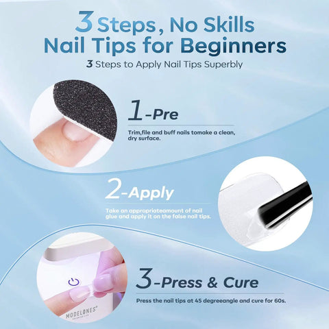 3 steps guide for applying tips with 10 In One Nail Gel Glue Base Coat Brush On Nail Polish Glue 15ml For Tips.