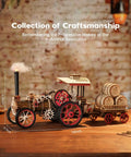 Electric Vintage Steam Engine 3D Puzzle Kit For Adults 469 Piece Mechanical Wooden Model with trailer on display