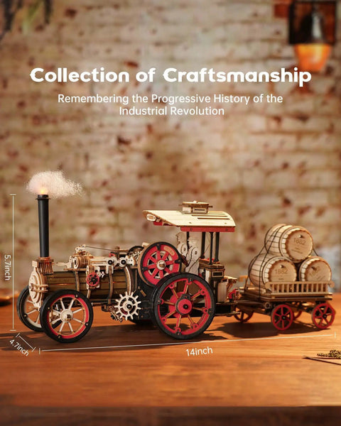 Electric Vintage Steam Engine 3D Puzzle Kit For Adults 469 Piece Mechanical Wooden Model with trailer on display