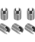 Six stainless steel self-tapping threaded inserts with slotted ends; M14–M18 × 24mm