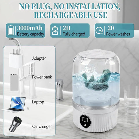 Portable Mini Washing Machine Cordless USB Rechargeable 15W Motor Pocket Travel BFF for Underwear Socks Baby Gear Dorm Fresh Threads Quick Rinse Muscle Mode shown in use with clothes in clear container.