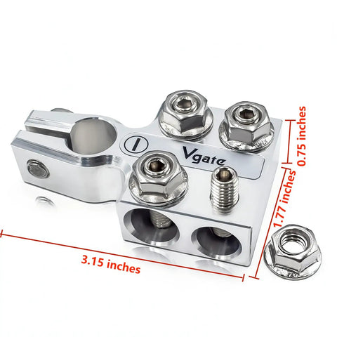 Beefy 8-Way Lead Acid Battery Terminal Connector Kit with AGM Post Ends for SAE DIN EN Tapered Top Posts, close-up view with measurements.