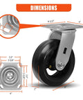 Heavy Duty 6 Inch By 2 Inch Caster Wheels Set With Mold On Rubber Cast Iron Wheels Swivel Top Plate Casters For Dumpsters And Trash Bins Four Pack Each Up To 1000 Lbs Total 4000 Lbs Capacity showing dimensions and swivel top plate.