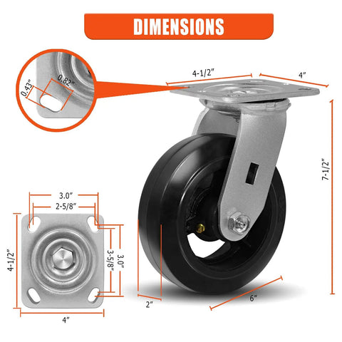 Heavy Duty 6 Inch By 2 Inch Caster Wheels Set With Mold On Rubber Cast Iron Wheels Swivel Top Plate Casters For Dumpsters And Trash Bins Four Pack Each Up To 1000 Lbs Total 4000 Lbs Capacity showing dimensions and swivel top plate.