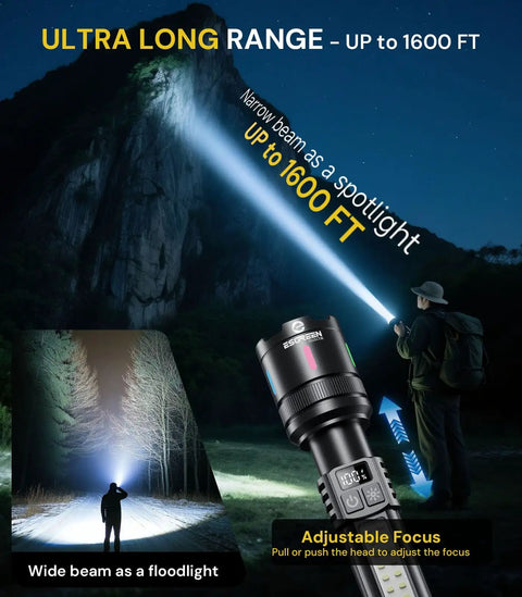 Rechargeable LED Flashlight 20000 Lumens High Power Dual Light Source beam reaching 1600 ft on a mountain at night, 2 Pack USB C Fast Charge