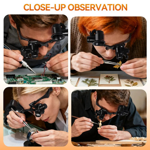 People using Head Mounted Magnifier With LED Light And 8 Interchangeable Lenses 2.5x To 25x Pro Grade Loupe for detailed inspections.