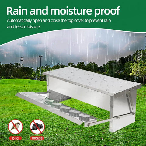 Automatic Treadle Chicken Feeder For Smart Backyard Flocks 11 Pound Capacity Rodent Block Poultry Feeding Trough with rainproof cover.
