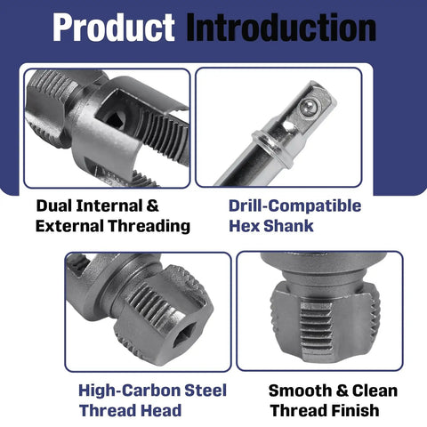 Must Have PVC Pipe Threader Tool Set With 65mm Hex Shank showing drill-compatible design and threading features