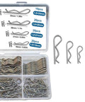 70 Piece Cotter Pins Kit With Heavy Duty R Clips And Spring Fasteners Four Sizes Of Hitch Pins For Trailer Lawn Mower Truck And Mechanical Repair Made From 304 Stainless Steel Or Zinc Plated Steel For Maximum Durability. Visible in an organized plastic case with separate compartments showing different sizes.