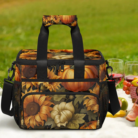 Insulated Picnic Backpack and Lunch Box Set With Spacious Tote Pumpkin Sunflower Theme Portable Lunch Bag on picnic blanket