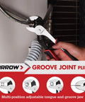 Four Piece Pliers Set With 8 Inch Diagonal Nose Pliers, Long Nose, Slip Joint, And 10 Inch Groove Joint Pliers displayed in use on pipe