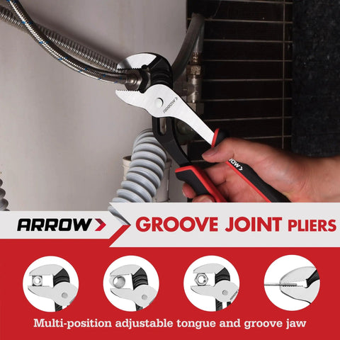 Four Piece Pliers Set With 8 Inch Diagonal Nose Pliers, Long Nose, Slip Joint, And 10 Inch Groove Joint Pliers displayed in use on pipe