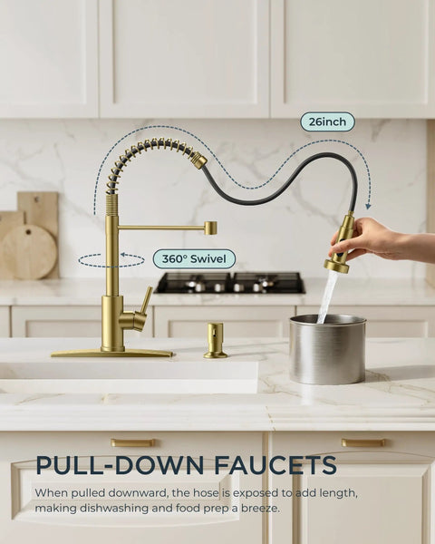 Gold Kitchen Faucet With Pull Down Sprayer, Stainless Steel Commercial Pro Grade Single Handle Spring Pull Down Sink Faucet For Pot Filler, Farmhouse Style For Kitchen, Camper, Bar And Laundry Room