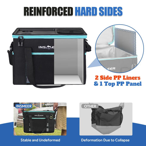 Hard Shell Hybrid Soft Cooler Bag With Two Cup Holders Portable 40L Insulated Collapsible Cooler For Travel Beach Camping Picnic Leakproof Ice Chest Lunch Box Keeps Ice Longer Space Saving with reinforced hard sides.