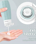 Person squeezing liquid from Leak Proof 3oz Travel Bottles TSA Approved Refillable Silicone Containers For Toiletries BPA Free.