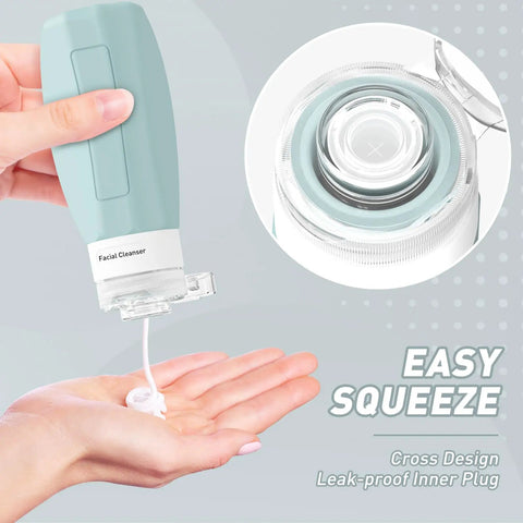 Person squeezing liquid from Leak Proof 3oz Travel Bottles TSA Approved Refillable Silicone Containers For Toiletries BPA Free.