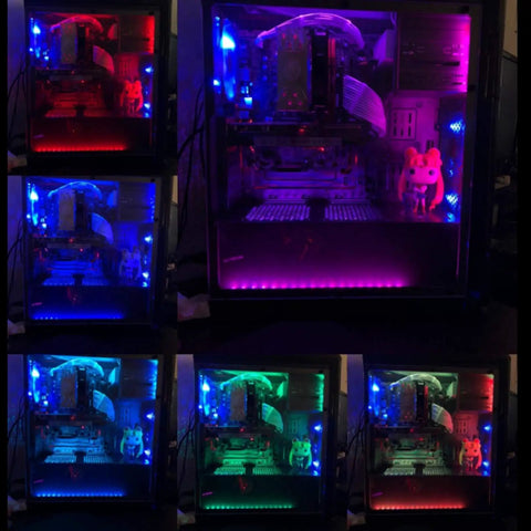 PC chassis with Magnetic PC RGB LED Strip With Clear Silicone Cover, 36 LEDs Not Addressable, various lighting effects shown.
