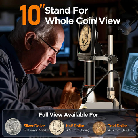 Autofocus 4K Digital Microscope EM4K-AF With AI Auto-Focus, 8 Inch Screen Soldering Microscope For PCB Nerds, Pro Grade Clarity, Fast TOF Sensor, Real-Time Viewing, High Resolution Magnification showing 10-inch stand for whole coin view