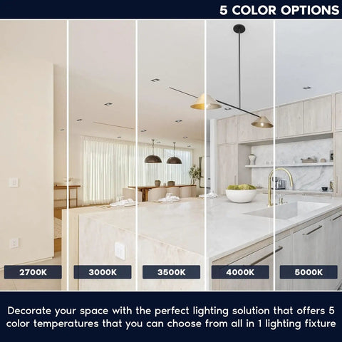 Top Tier Two Inch Led Recessed Canless Downlights Featuring Deep Regressed Glare Blocking And Interchangeable White Round Or Black Square Trims To Totally Elevate Your Home Game 5Cct Dimmable 12 Pack showcasing color options in a modern kitchen setting.
