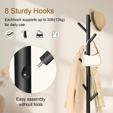 Freestanding Coat Rack With Stable Square Base 8 Hooks And 3 Adjustable Heights For Bedroom Office Or Entryway Heavy Duty Sturdy Coat Tree In Black Finish